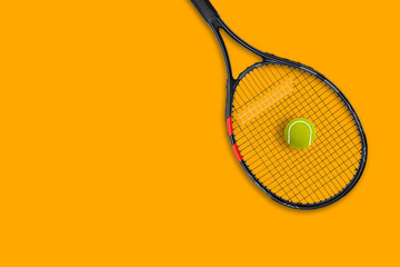 Tennis racket ball on yellow background - obrazy, fototapety, plakaty