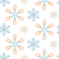 Christmas seamless pattern of tools and fasteners laid out in the shape of snowflakes. Vector background.