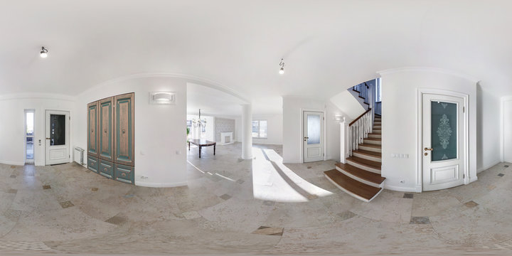 MINSK, BELARUS -  May 2019: full seamless spherical hdri panorama 360 degres angle view in empty modern entrance hall without furniture with staircase in equirectangular projection, for AR VR content