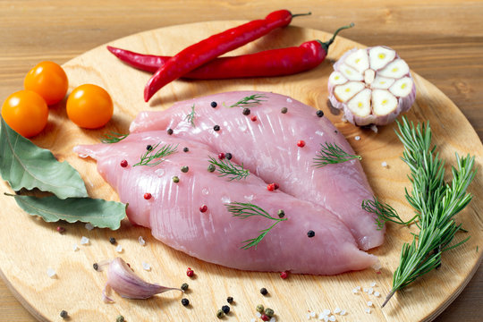 Fresh Turkey Brest With Herbs And Pepper For Cooking On White Background