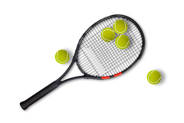single tennis racquet lying with a yellow balls on white background. Tennis as sport. Tennis as...