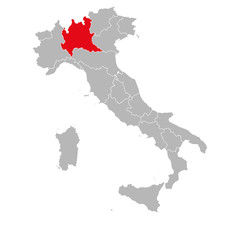 Lombardia italy political map marked red. Gray background.