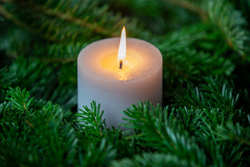 Obraz na płótnie Canvas Christmas motif with white burning candle surrounded by Nordmann fir branches