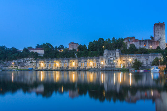 View of the Castello Visconteo and Centrale Idroelettrica Taccani on the shores of river Adda, Trezzo sull'Adda, Milan, Lombardy, Italy