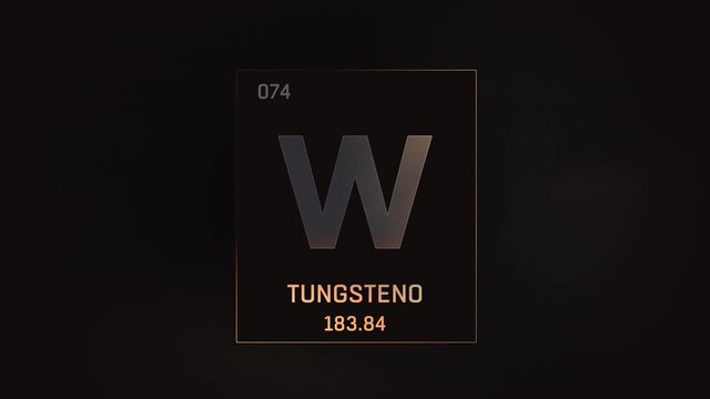 Tungsten as Element 74 of the Periodic Table. Seamlessly looping 3D animation on grey illuminated atom design background with orbiting electrons. Name, atomic weight, element number in Spanish languag