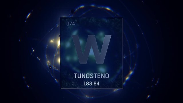 Tungsten as Element 74 of the Periodic Table. Seamlessly looping 3D animation on blue illuminated atom design background with orbiting electrons. Name, atomic weight, element number in Spanish languag