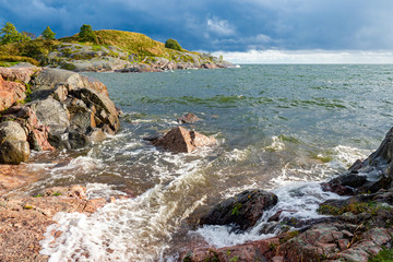Helsinki. Finland. Baltic sea. Gulf of Finland. Grey waters of the Baltic sea. Rocky seashore....