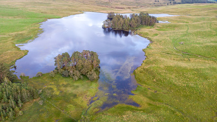 An aerial view of a mountain lake surrounded by grassy field and trees