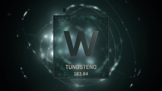 Tungsten as Element 74 of the Periodic Table. Seamlessly looping 3D animation on green illuminated atom design background with orbiting electrons. Name, atomic weight, element number in Spanish langua