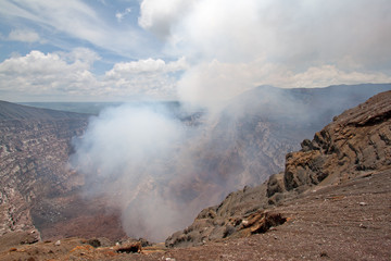 Masaya Volcano emitting large quantities of sulfur dioxide gas from active Santiago crater in Masaya, Nicaragua, Central America.