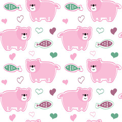 seamless repeat pattern with cute bears, hearts and fishes