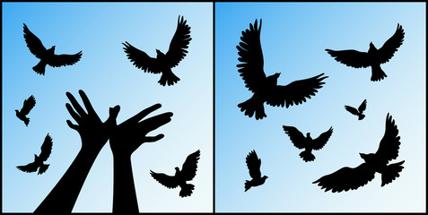 Set of silhouettes of birds and hand gesture on blue background. Bird shaped hands. Flocks of pigeons in sky. Vector illustration with isolated elements for design
