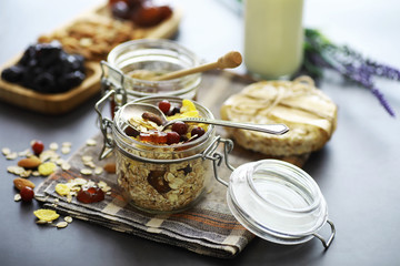 Healthy breakfast. Muesli from cereals with milk berries.