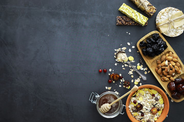 Healthy breakfast. Muesli from cereals with milk berries.