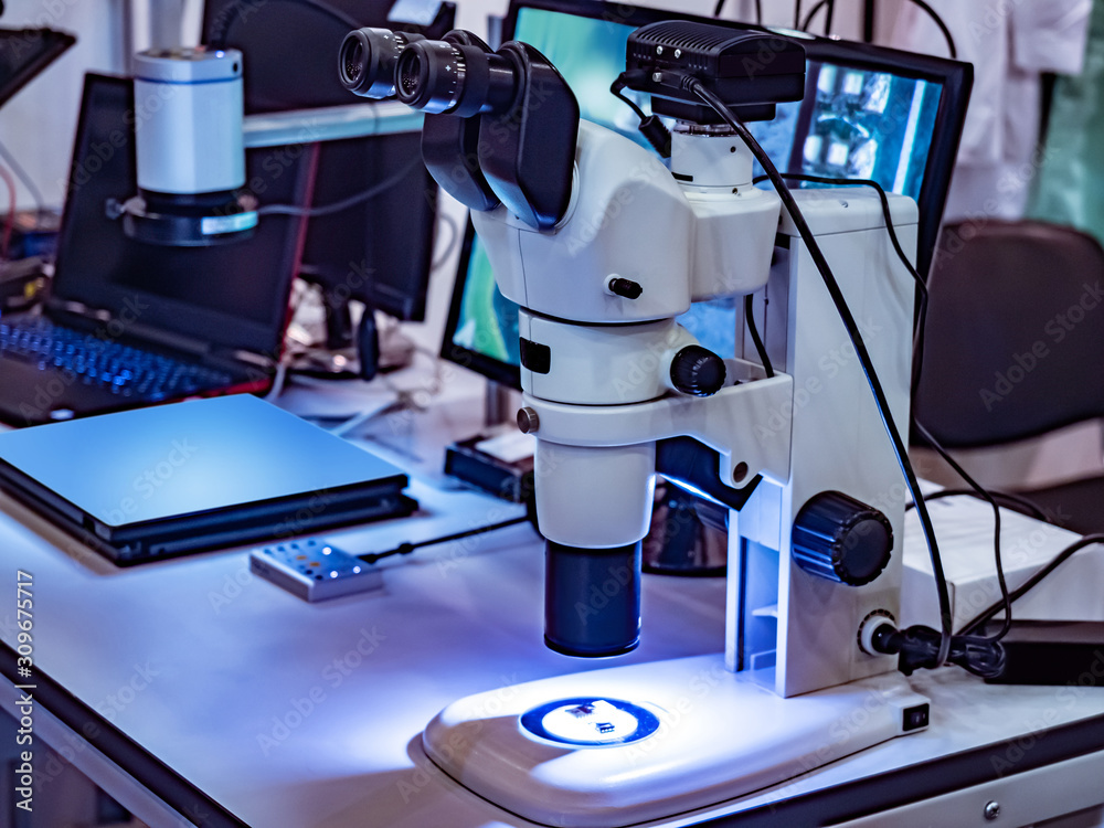 Poster microscope. research produced by pcb. electron microscope. microprocessor quality control. printed c