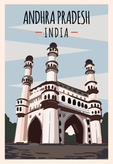 Andhra Pradesh retro poster. Andhra Pradesh travel illustration. States of India greeting card.