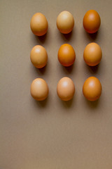 Nine brown chicken eggs on brown background, minimalistic food or easter concept
