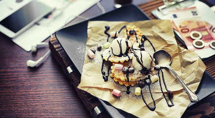 Viennese waffles with filling. Coffee table. A set of fragrant cookies for breakfast for the holiday.