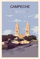 Campeche retro poster. Campeche travel illustration. States of Mexico