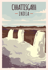 Chhattisgarh waterfall retro poster. Chhattisgarh travel illustration. States of India