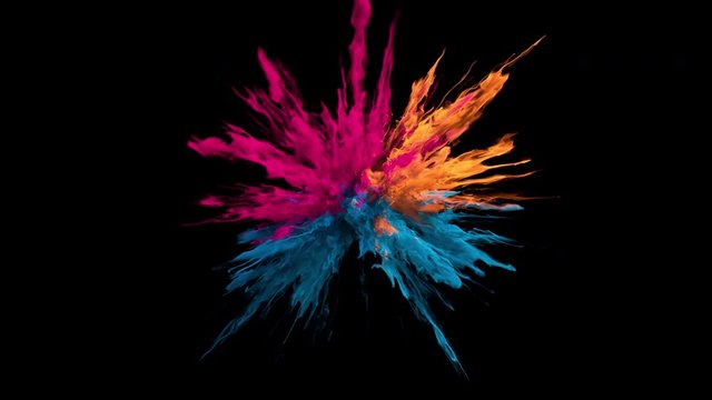 Pink orange blue color burst - colorful smoke powder explosion of swirly particles or fluid ink in slow motion. Alpha matte isolated on black 60 fps