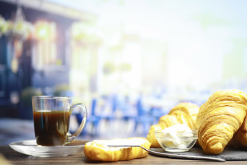 Fresh pastries on the table. French flavored croissant.