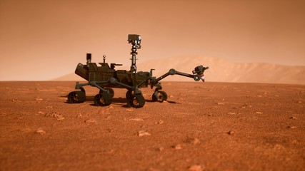 A Rover during a dust storm on the red planet. Curiosity Rover on Mars. 3D Rendering © designprojects
