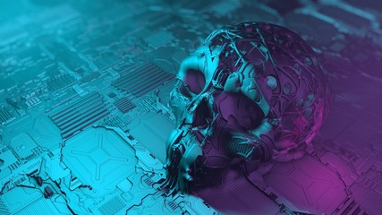 Alien technology with human skull. Mystical lights on a Science fiction surface