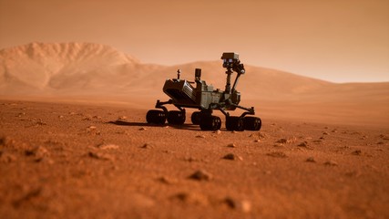 A Rover during a dust storm on the red planet. Curiosity Rover on Mars. 3D Rendering - 309676324