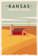 Kansas retro poster. USA Kansas travel illustration. United States of America greeting card. - obrazy, fototapety, plakaty