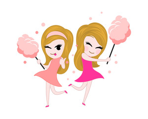Twins cartoon girl carrying cotton candy
