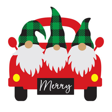 Christmas gnomes on truck vector illustration. Cute three gnomes with buffalo plaid hat on a vintage truck.