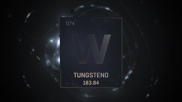 Tungsten as Element 74 of the Periodic Table. Seamlessly looping 3D animation on silver illuminated atom design background with orbiting electrons. Name, atomic weight, element number in Spanish langu