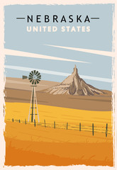 Nebraska retro poster. USA Nebraska travel illustration. United States of America greeting card.