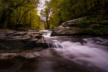 Wooden seat at the edge of the creek in autumn