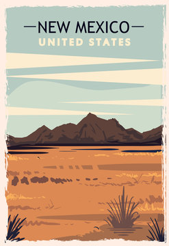 New Mexico retro poster. USA New-Mexico travel illustration. United States of America greeting card.