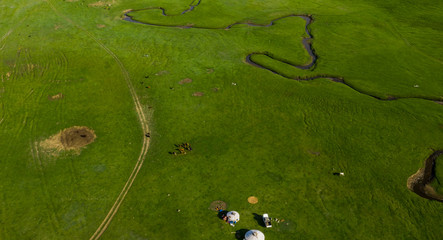 Aerial view of the Mongolian countryside, not far from Ulaanbaatar, the capital of Mongolia, circa...
