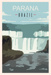 Parana waterfall retro poster. Parana travel illustration. States of Brazil