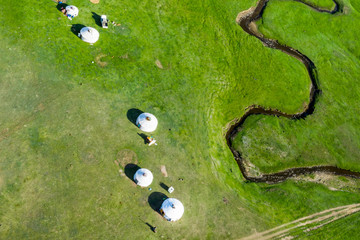 Aerial view of the Mongolian countryside, not far from Ulaanbaatar, the capital of Mongolia, circa...