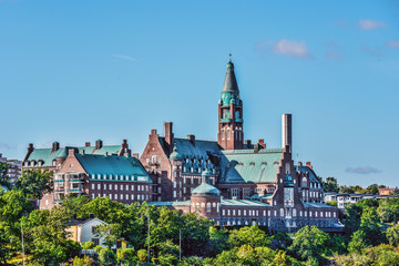 Fototapeta na wymiar Building of Danvikshem hospital in Stockholm as seen from the Sea.