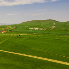 Aerial view of the Mongolian countryside, not far from Ulaanbaatar, the capital of Mongolia, circa...