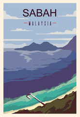 Sabah retro poster. Sabah travel illustration. States of Malaysia