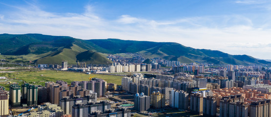 Aerial view of Ulaanbaatar, the capital of Mongolia, circa June 2019