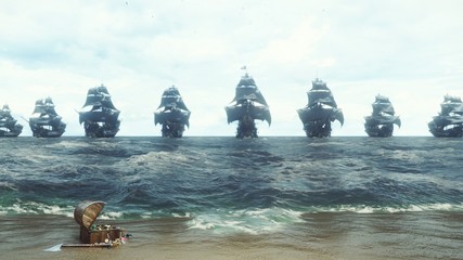 Medieval pirate ships docked at a sandy island in the vast blue ocean. The concept of sea adventures in the Middle ages. 3D rendering © designprojects