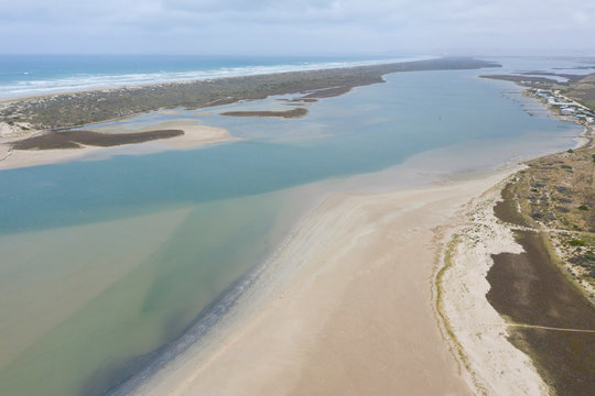 Aerial photograph of The Coorong at the mouth of the River Murray near Goolwa in South Australia