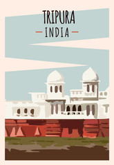 Tripura retro poster. Tripura travel illustration, Neermahal Palace. States of India