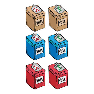 Set ballot box. Vector illustration box for vote. Ballot box for voting in elections hand drawn. Voting ballot, form, list icon.