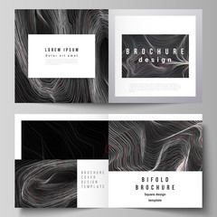The black colored vector illustration of editable layout of two covers templates for square design bifold brochure, magazine, flyer, booklet. 3D grid surface, wavy vector background with ripple effect