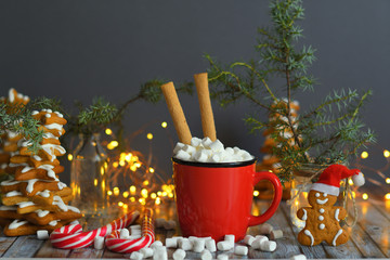 cocoa or hot chocolate with marshmallow on rustic table. Christmas or New Year composition. Gingerbread man with candy cane. Close view of marshmallow in red cup with sparkler. soft selective focus.