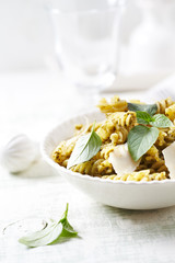 Fusilli Pasta with olive pesto, hard cheese and fresh herbs.